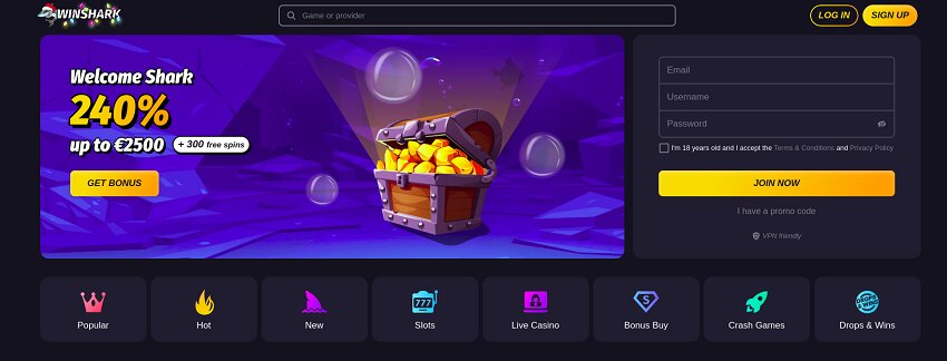 WinShark Casino Home Page