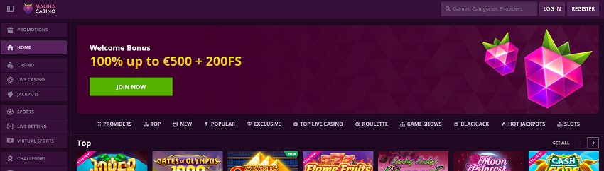 Malina Casino Home Page