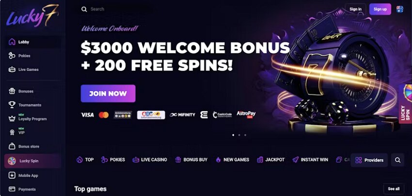 Lucky7even Casino Home Page