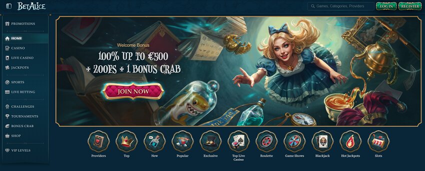 BetAlice Casino Home Page